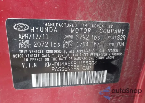 2011 Hyundai Elantra Gls/Limited from USA, damaged, VIN KMHDH4AE5BU158904